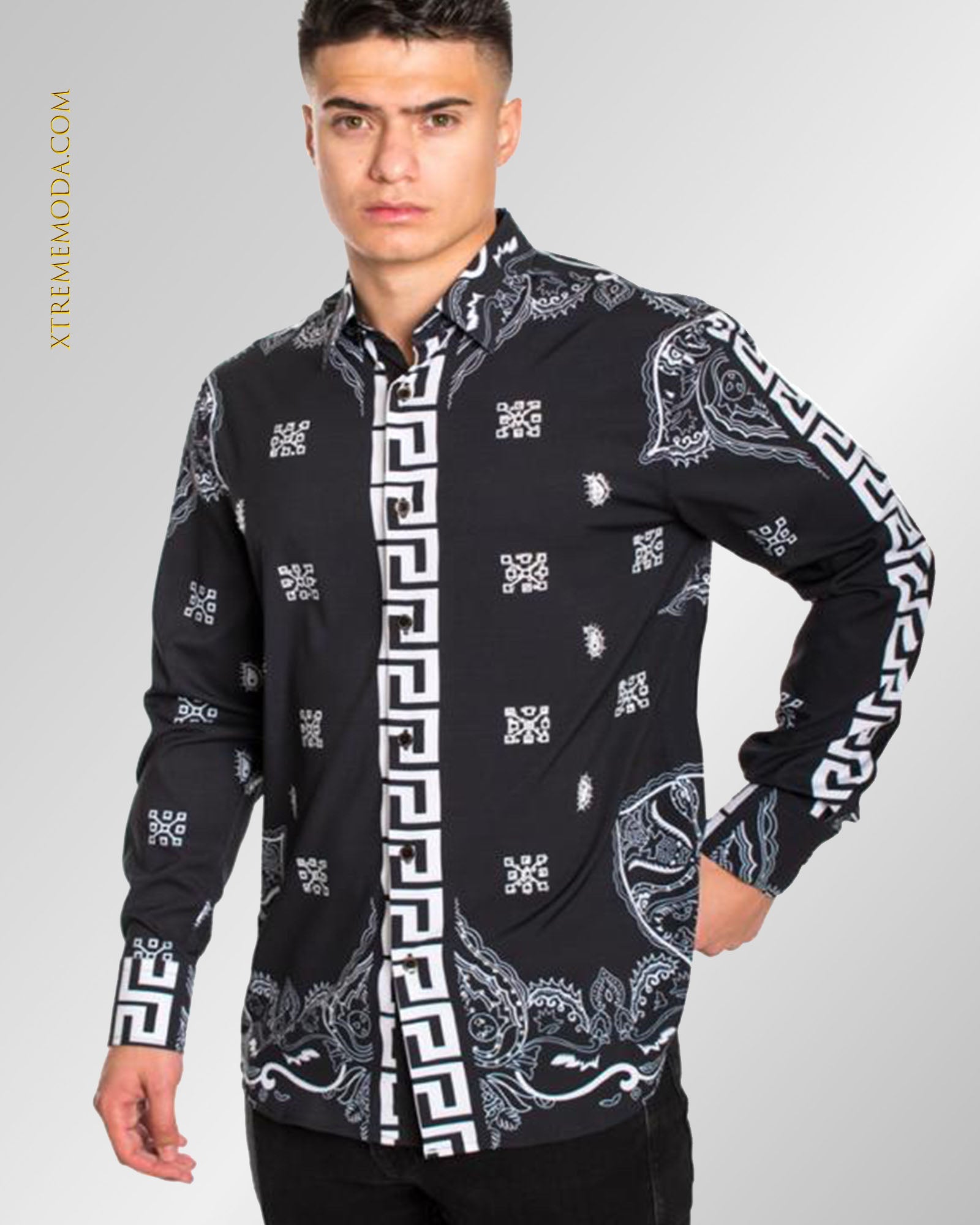 Modern fit Rhinestones Fashion shirt R1712 BLK