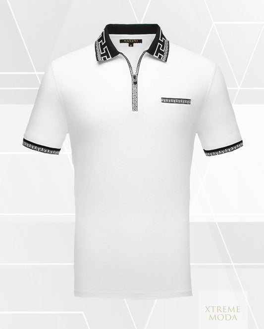 Greek design zip polo shirt wht/slv