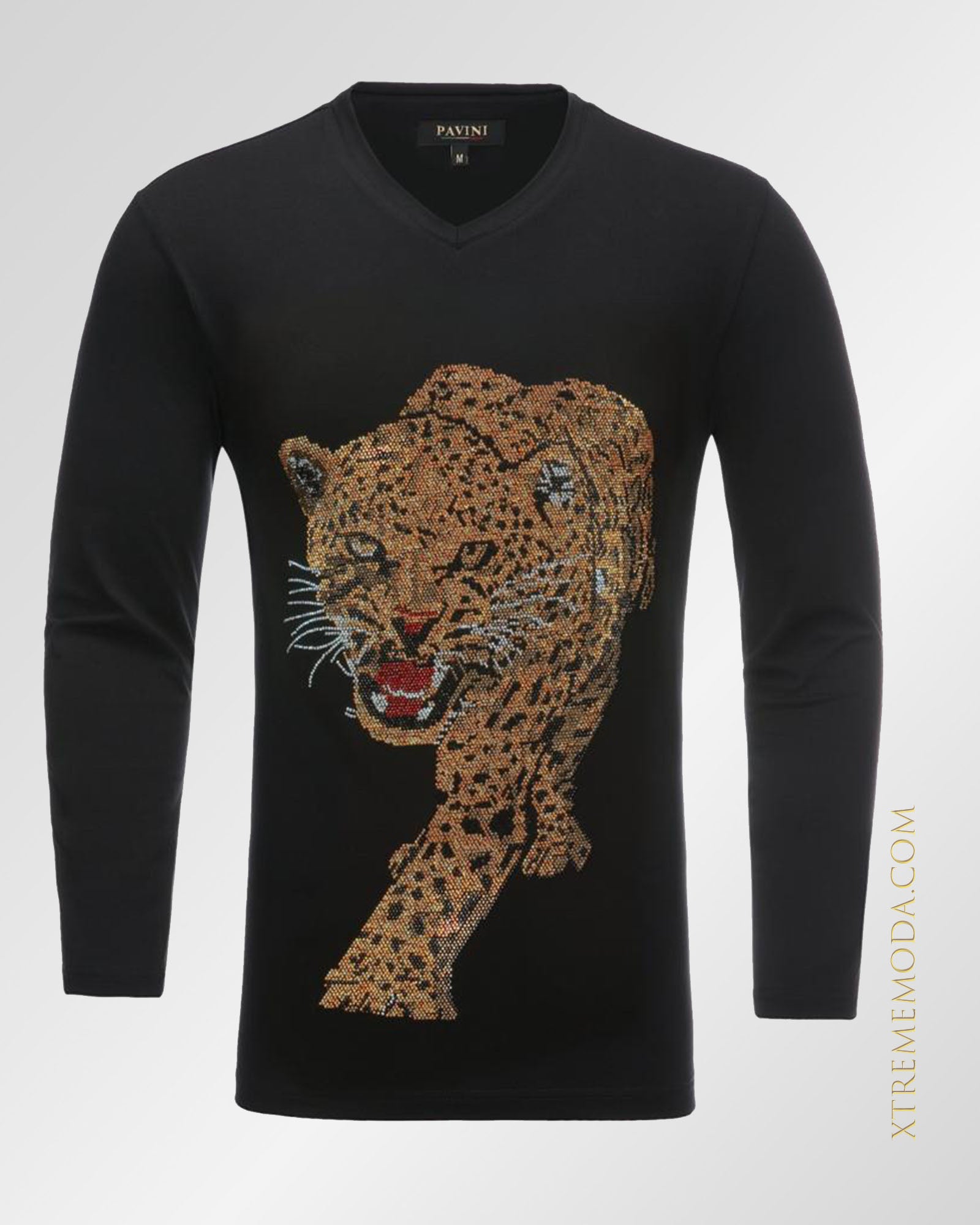 Rhinestones tiger long sleeve V-neck Black