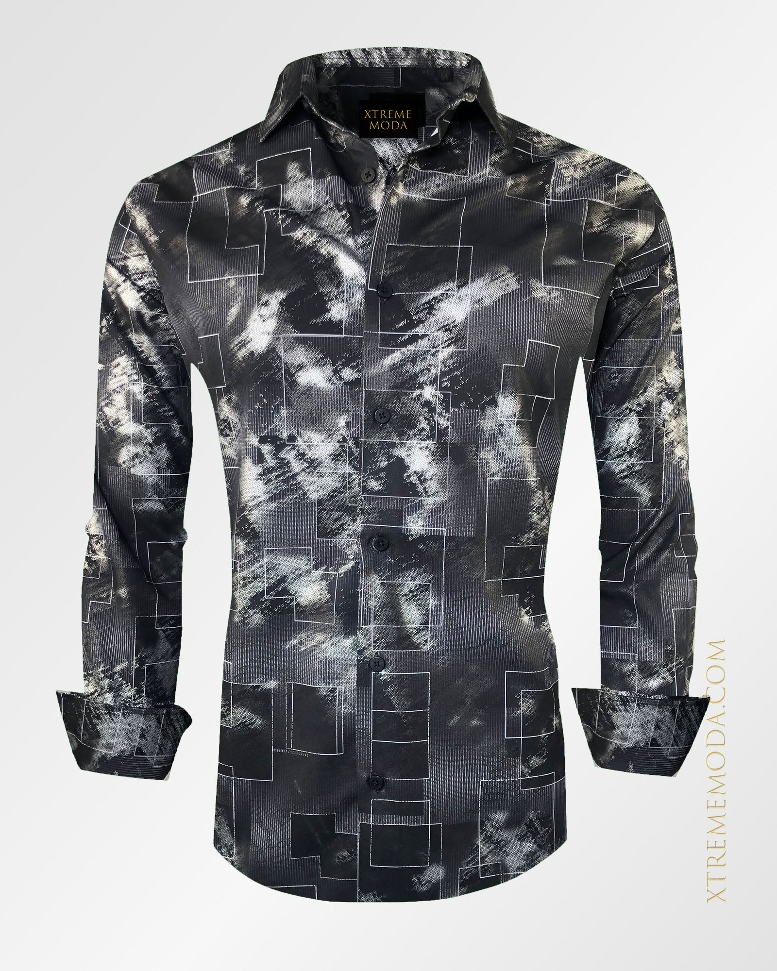 Slim fit geometric print shirt Blk/silver