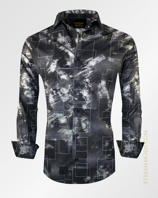 Slim fit geometric print shirt Blk/silver