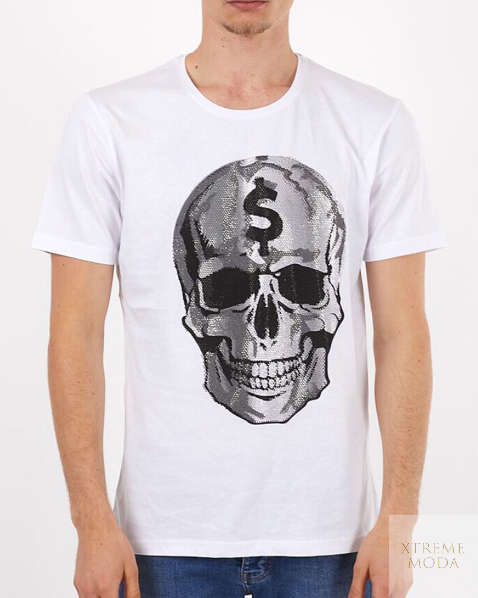 Slim fit stones skull fashion T-shirt White