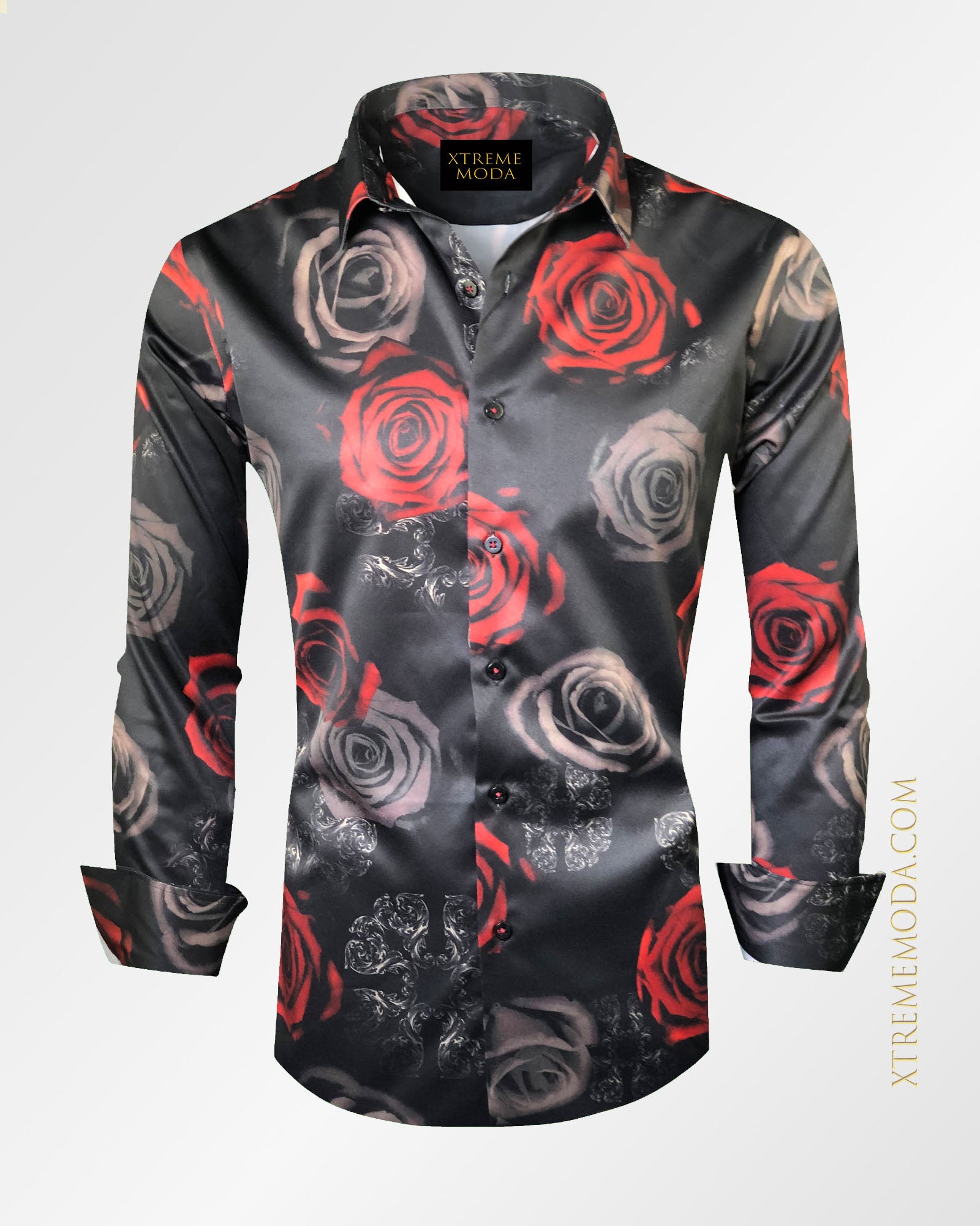 SLIM FIT Rose print fashion shirt Black