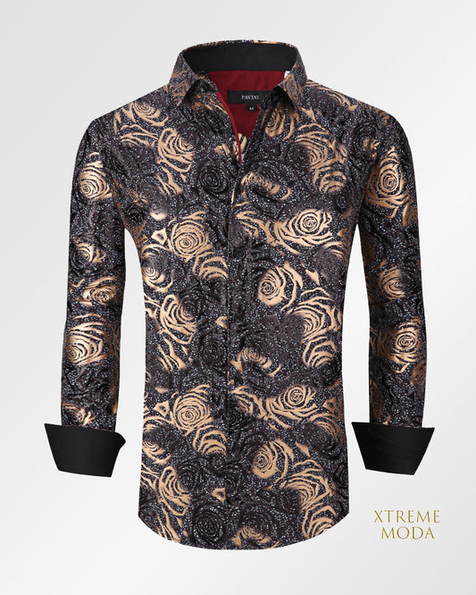 Regular fit Foil Gold Flower Print  Shirt Black