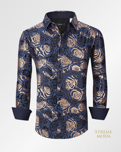 Regular fit Foil Gold Flower Print Shirt Blue