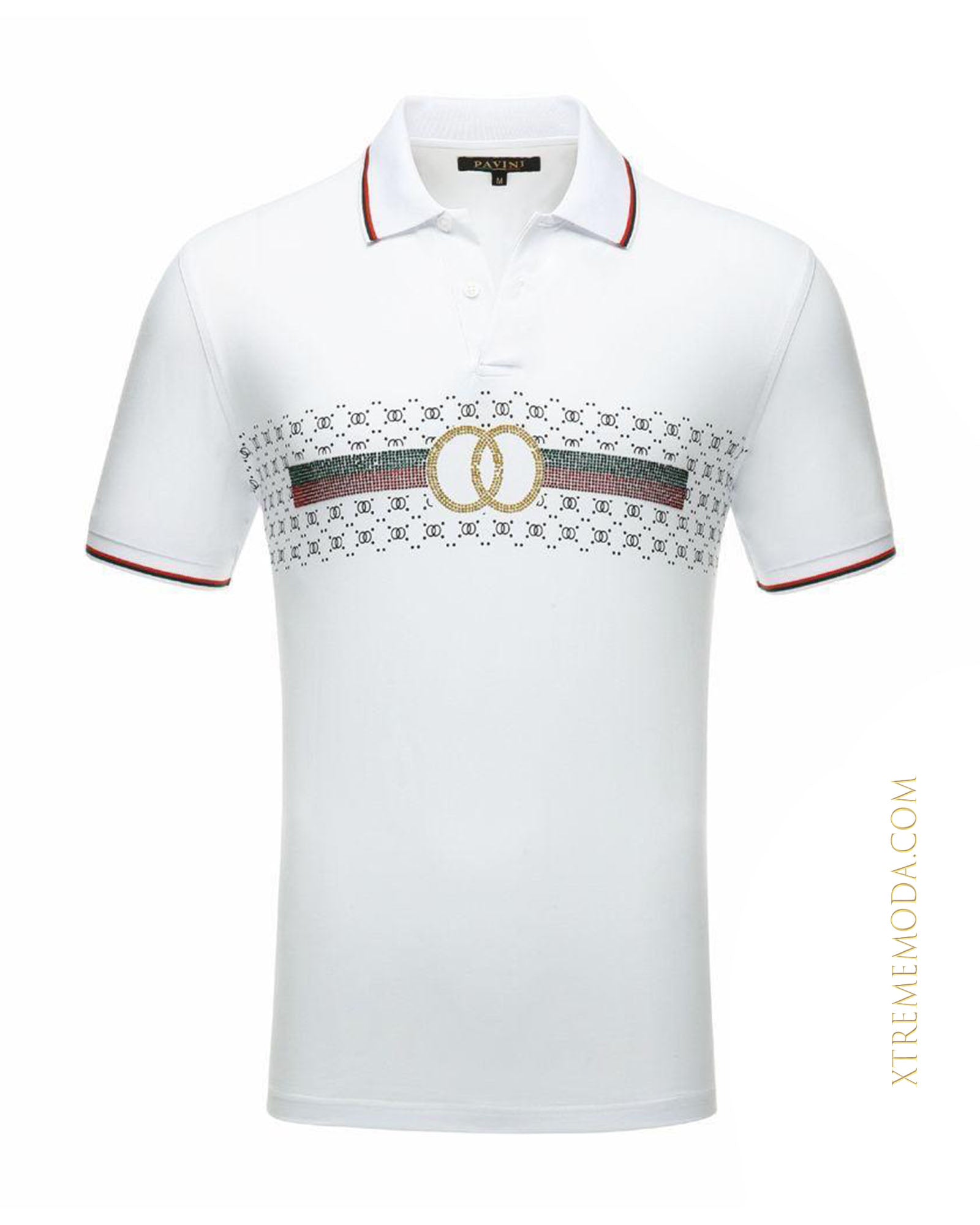 Fashion Double ring stones polo shirt White