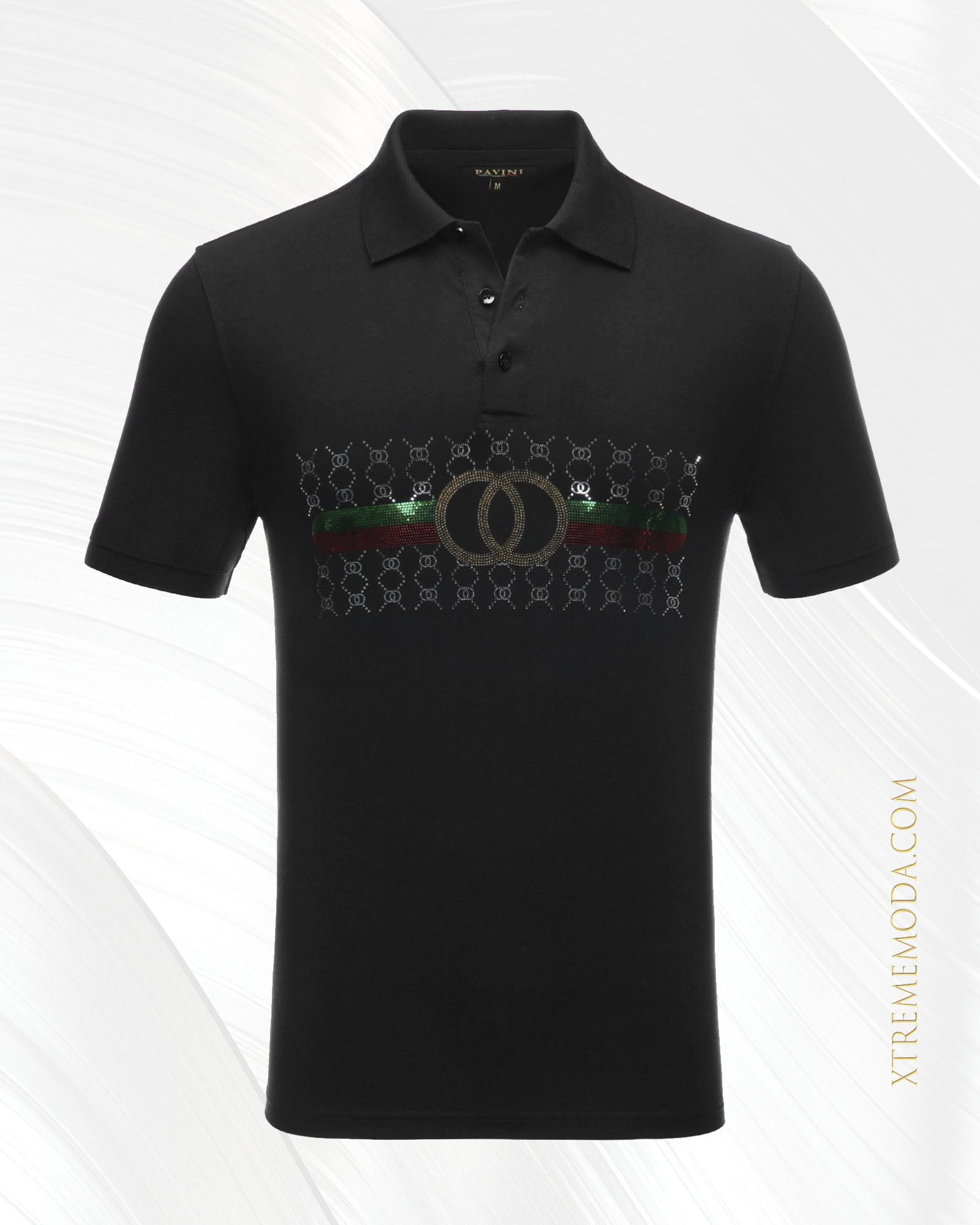 Fashion Double ring stones polo shirt Black