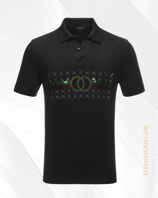 Fashion Double ring stones polo shirt Black