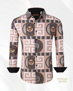 Regular fit fashion greek  print shirt beige
