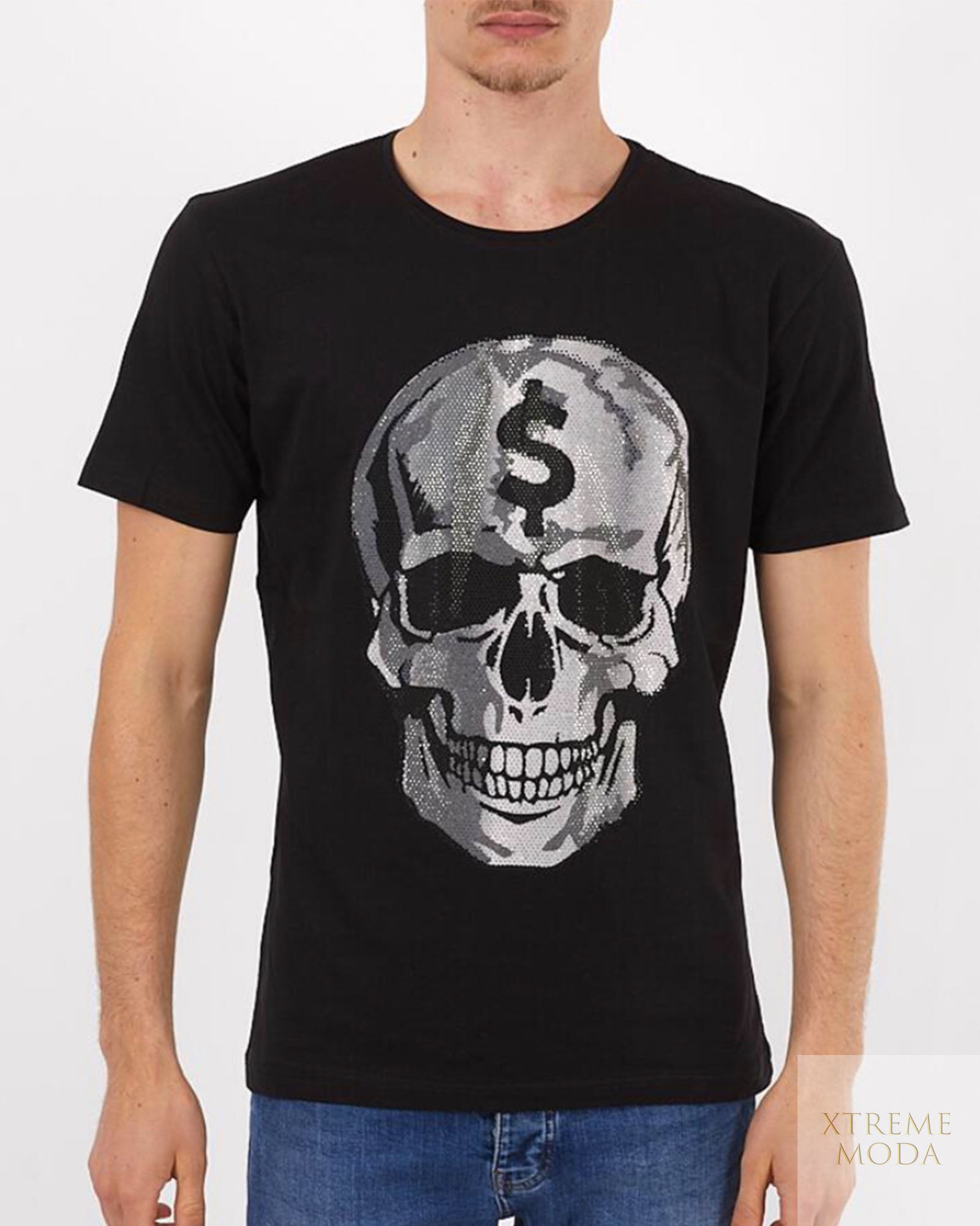Slim fit stones skull fashion T-shirt Black